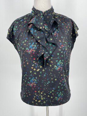 GO International Black Multi Geometric Ruffle Zipper Front Blouse Medium